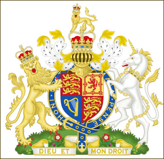 Royal Coat of Arms of the United Kingdom of Great Britain and Northern Ireland as used by Queen Elizabeth II from 1953 A.D. to the present (as used in all her realms except Scotland).
