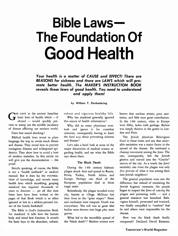 Bible Laws The Foundation Of Good Health William F Dankenbring